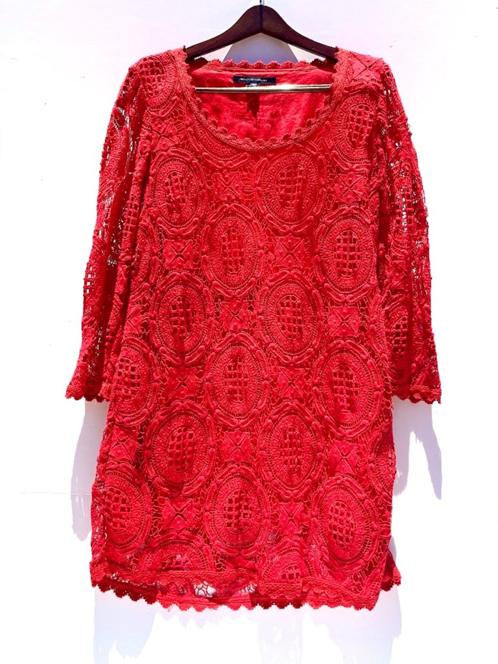 Women’s French Connection 100% Cotton Crochet 3/4 Sleeve Red Mini Dress Size 10